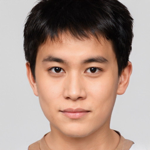 Neutral asian young-adult male with short  brown hair and brown eyes