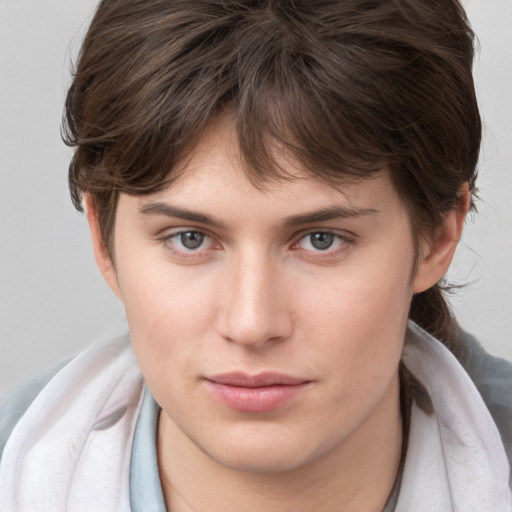 Neutral white young-adult female with medium  brown hair and brown eyes