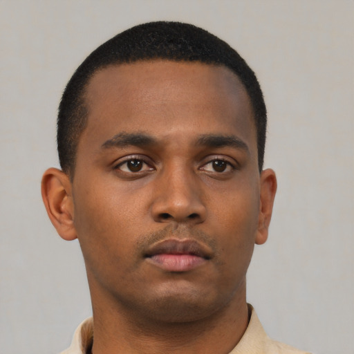 Neutral black young-adult male with short  brown hair and brown eyes