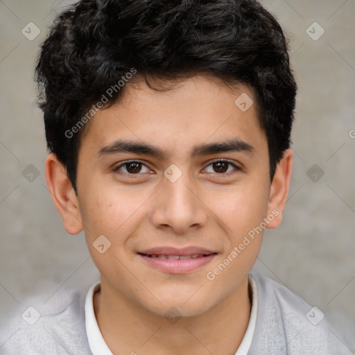 Joyful white child male with short  brown hair and brown eyes