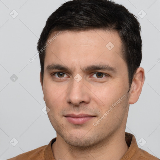 Neutral white young-adult male with short  brown hair and brown eyes