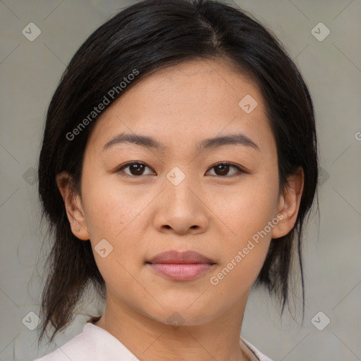 Neutral asian young-adult female with medium  brown hair and brown eyes