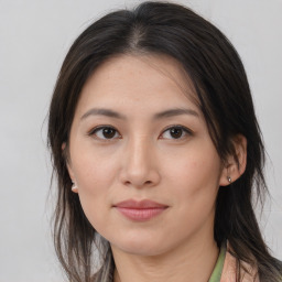 Neutral asian young-adult female with long  brown hair and brown eyes