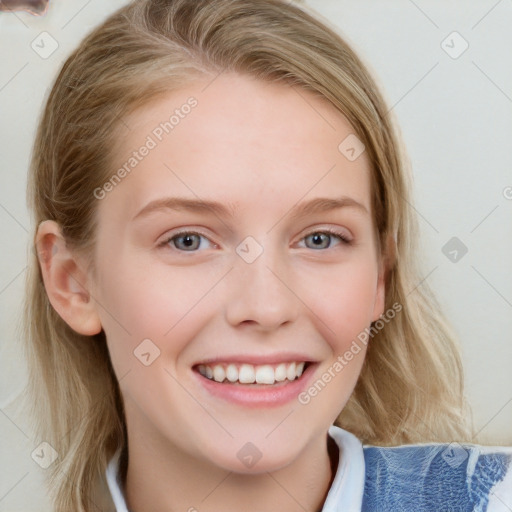 Joyful white young-adult female with medium  brown hair and blue eyes