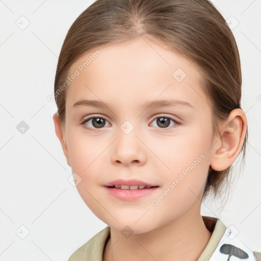 Joyful white child female with medium  brown hair and brown eyes