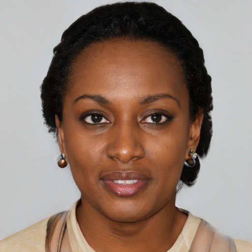 Neutral black young-adult female with short  black hair and brown eyes