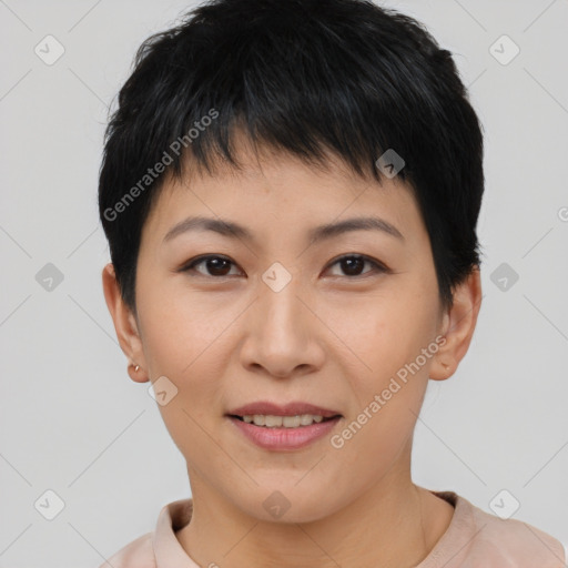 Joyful asian young-adult female with short  brown hair and brown eyes