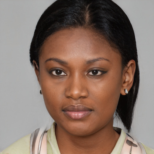 Neutral latino young-adult female with medium  black hair and brown eyes