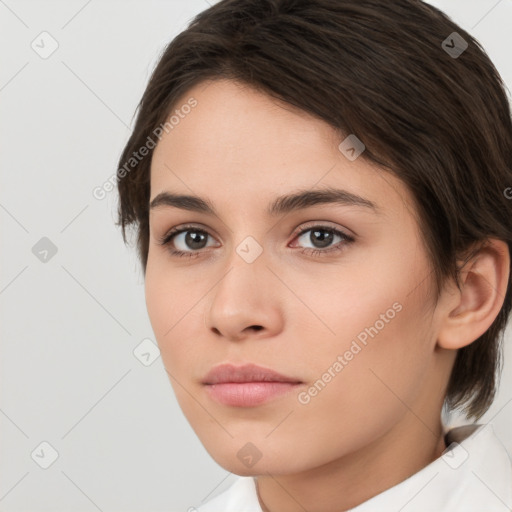 Neutral white young-adult female with medium  brown hair and brown eyes