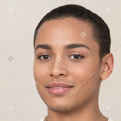 Joyful white young-adult female with short  black hair and brown eyes