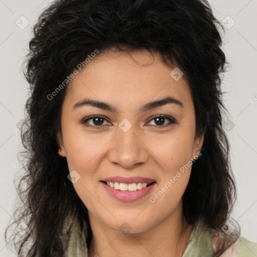 Joyful white young-adult female with long  brown hair and brown eyes
