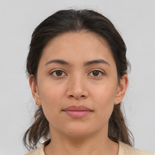 Neutral asian young-adult female with medium  brown hair and brown eyes