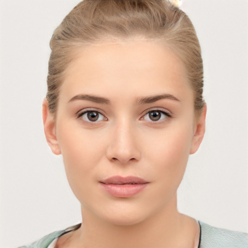 Neutral white young-adult female with medium  brown hair and brown eyes