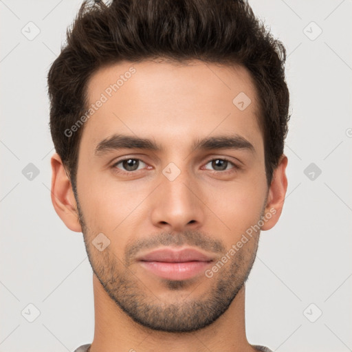 Neutral white young-adult male with short  brown hair and brown eyes