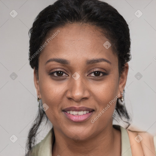Joyful latino young-adult female with short  black hair and brown eyes