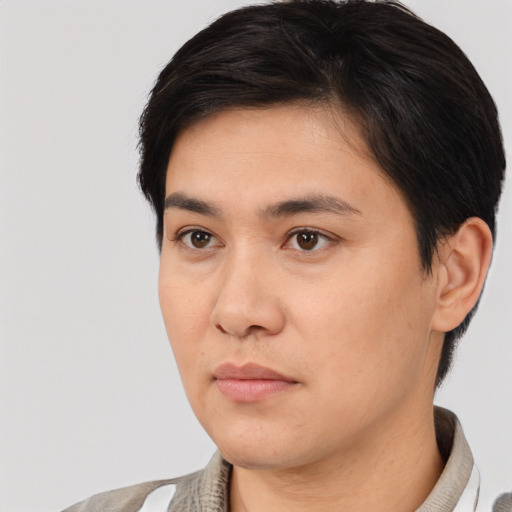 Neutral asian young-adult male with short  black hair and brown eyes