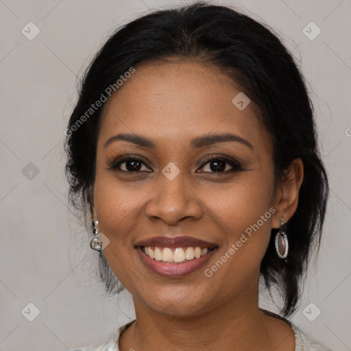 Joyful latino young-adult female with medium  brown hair and brown eyes