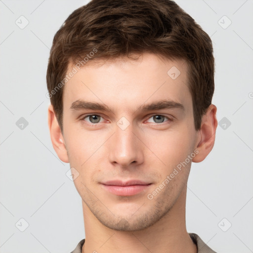 Neutral white young-adult male with short  brown hair and brown eyes