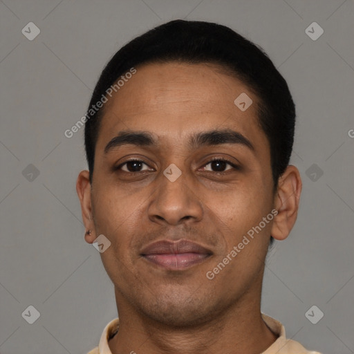 Neutral latino young-adult male with short  black hair and brown eyes