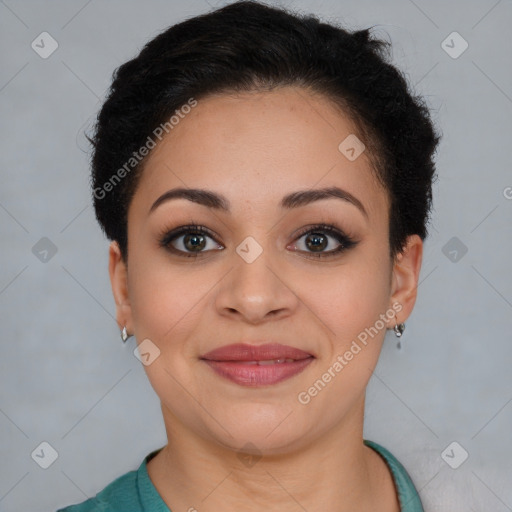 Joyful latino young-adult female with short  brown hair and brown eyes