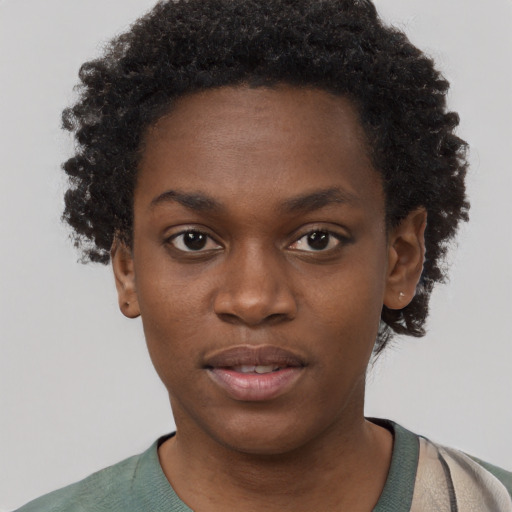 Neutral black young-adult female with short  brown hair and brown eyes