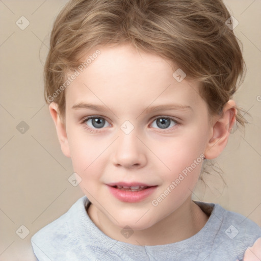 Joyful white child female with short  brown hair and brown eyes