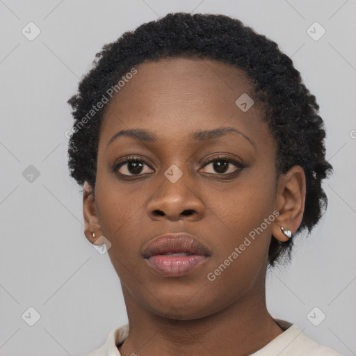 Neutral black young-adult female with short  black hair and brown eyes