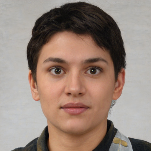 Neutral white young-adult female with short  brown hair and brown eyes