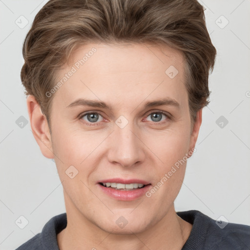 Joyful white young-adult female with short  brown hair and grey eyes