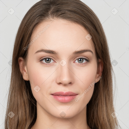 Neutral white young-adult female with long  brown hair and grey eyes