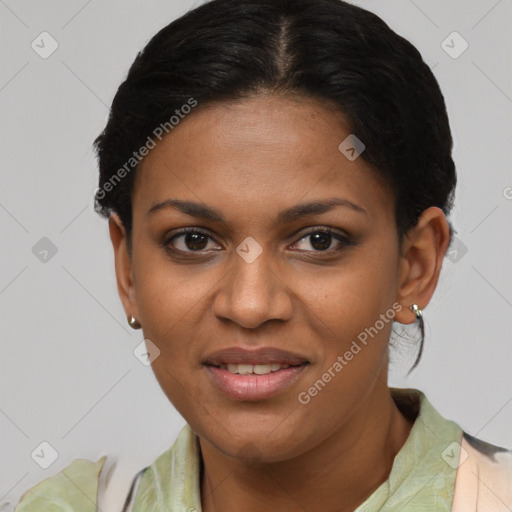 Joyful latino young-adult female with short  brown hair and brown eyes