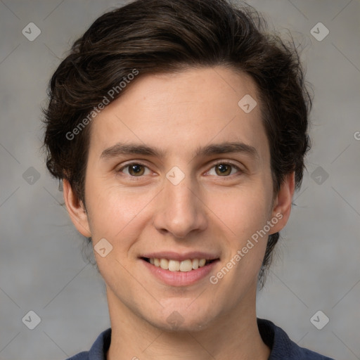 Joyful white young-adult male with medium  brown hair and brown eyes