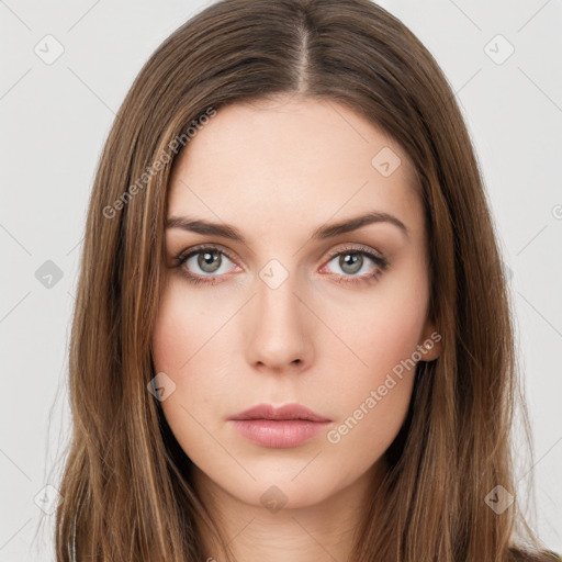 Neutral white young-adult female with long  brown hair and brown eyes