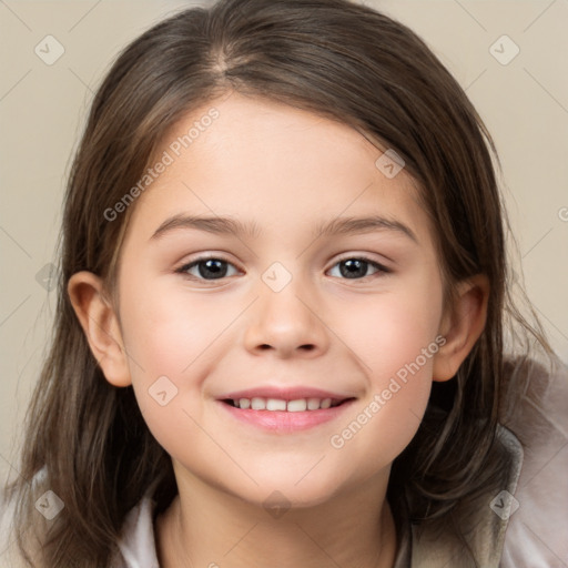 Joyful white child female with medium  brown hair and brown eyes