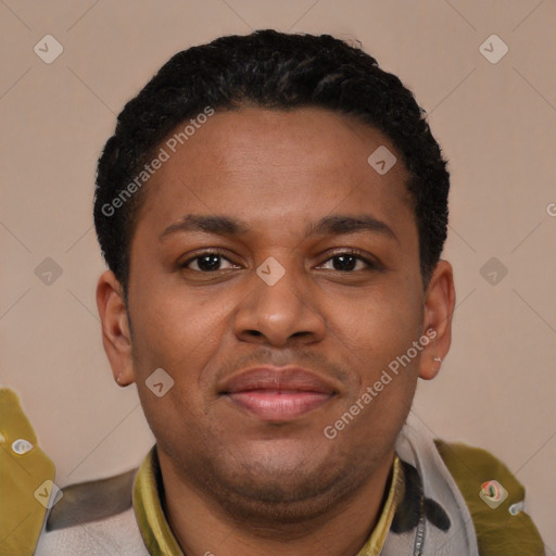 Joyful latino young-adult male with short  brown hair and brown eyes