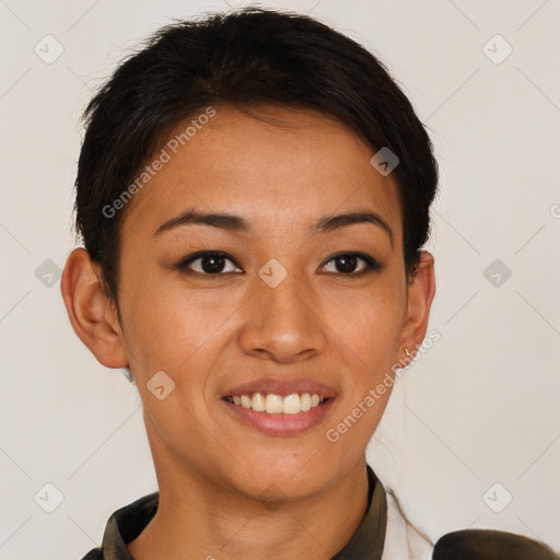 Joyful latino young-adult female with short  brown hair and brown eyes