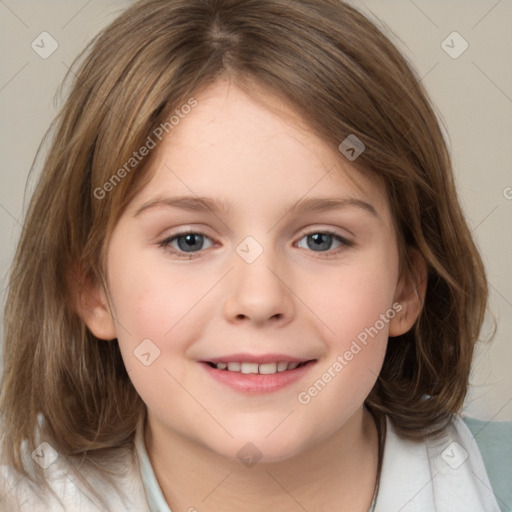 Joyful white child female with medium  brown hair and brown eyes