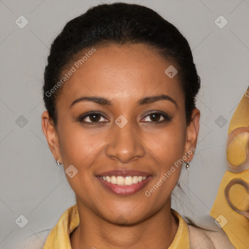 Joyful latino young-adult female with short  brown hair and brown eyes