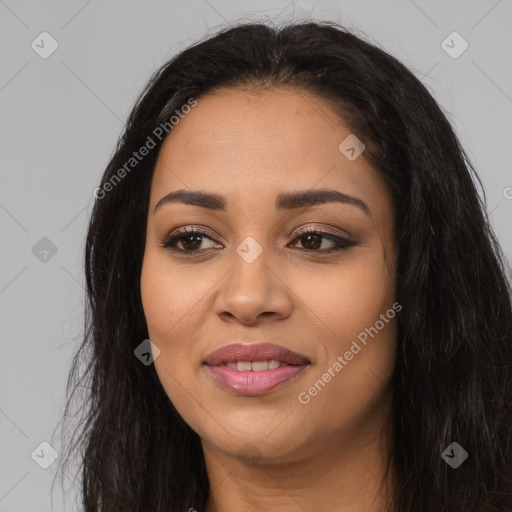 Joyful latino young-adult female with long  brown hair and brown eyes