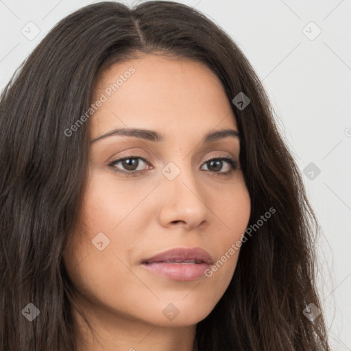 Neutral white young-adult female with long  brown hair and brown eyes