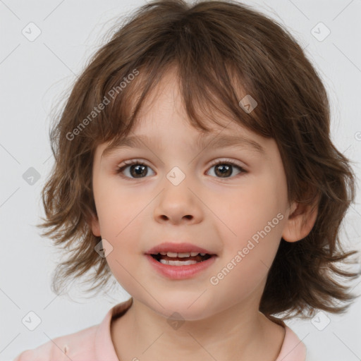 Joyful white child female with medium  brown hair and brown eyes