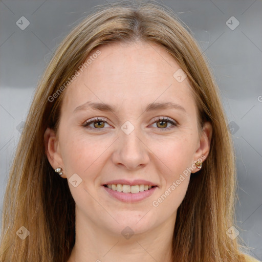 Joyful white young-adult female with long  brown hair and blue eyes