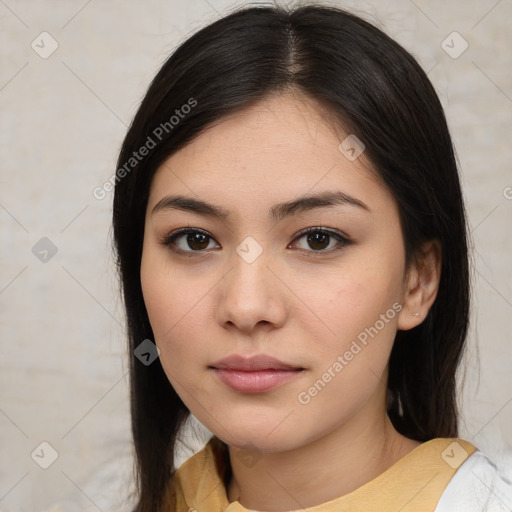 Neutral white young-adult female with medium  black hair and brown eyes