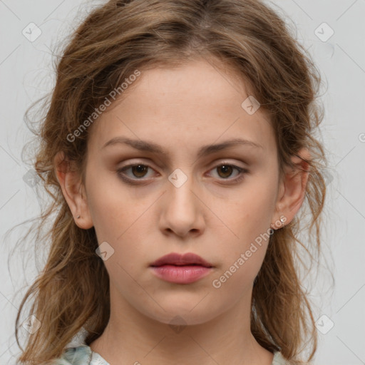 Neutral white young-adult female with medium  brown hair and brown eyes