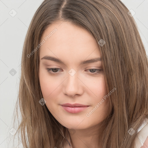 Neutral white young-adult female with long  brown hair and brown eyes