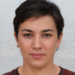 Neutral white young-adult female with short  brown hair and brown eyes