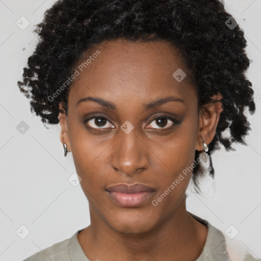 Neutral black young-adult female with short  black hair and brown eyes