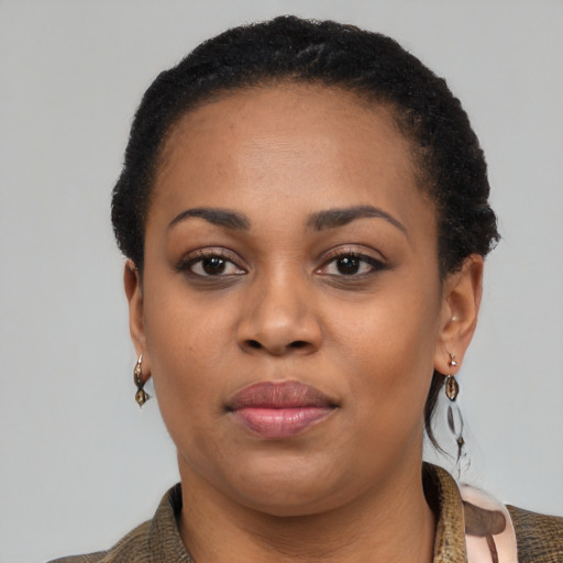 Joyful black young-adult female with short  black hair and brown eyes