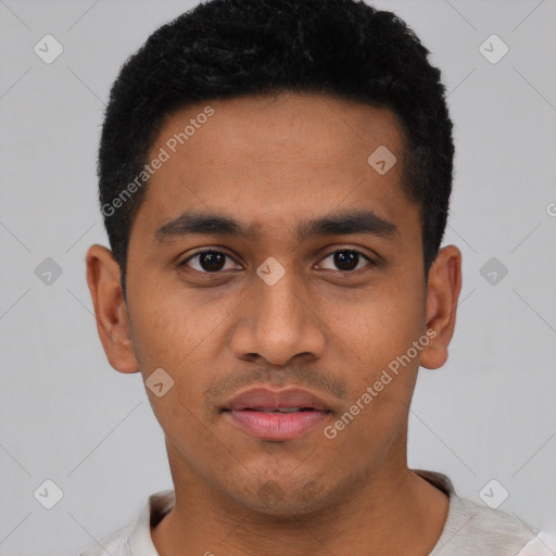 Neutral latino young-adult male with short  black hair and brown eyes
