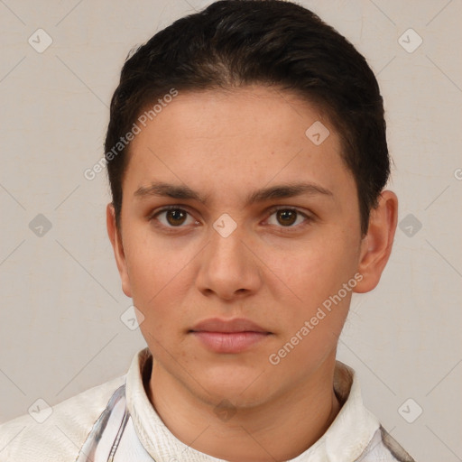 Neutral white young-adult female with short  brown hair and brown eyes